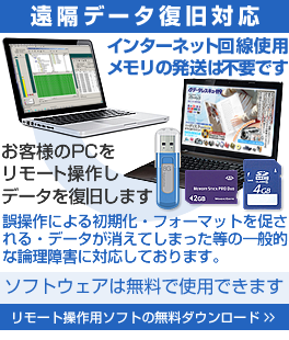 遠隔データ復旧にも対応しております。リモート操作用のソフトウェアは無料でダウンロード・使用可能です。詳細はこちらをクリックしてください。